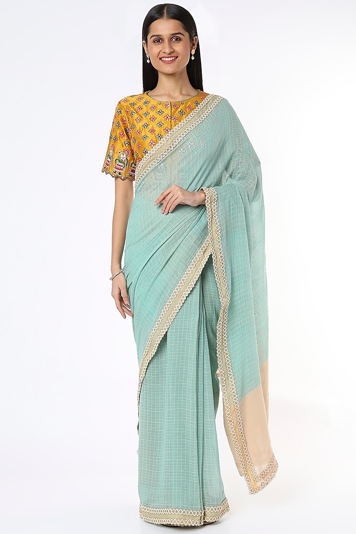 Sky Blue Linen Silk Handloom Saree by Soumodeep Dutta