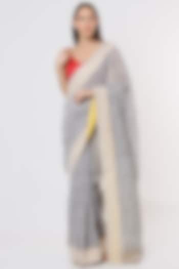 Grey Linen Silk Handloom Saree by Soumodeep Dutta