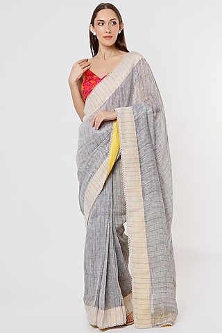 Grey Linen Silk Handloom Saree by Soumodeep Dutta