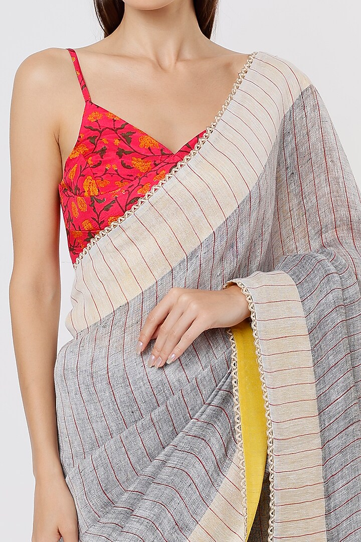 Grey Linen Silk Handloom Festive Saree by Soumodeep Dutta at Pernia's Pop Up Shop
