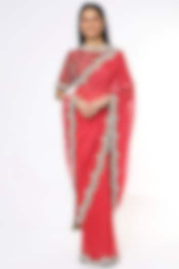 Red Hand Embroidered Saree Set by Soumodeep Dutta at Pernia's Pop Up Shop