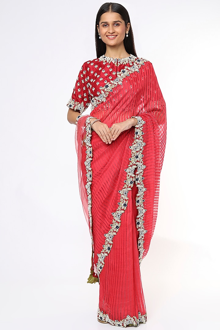 Red Hand Embroidered Saree Set by Soumodeep Dutta