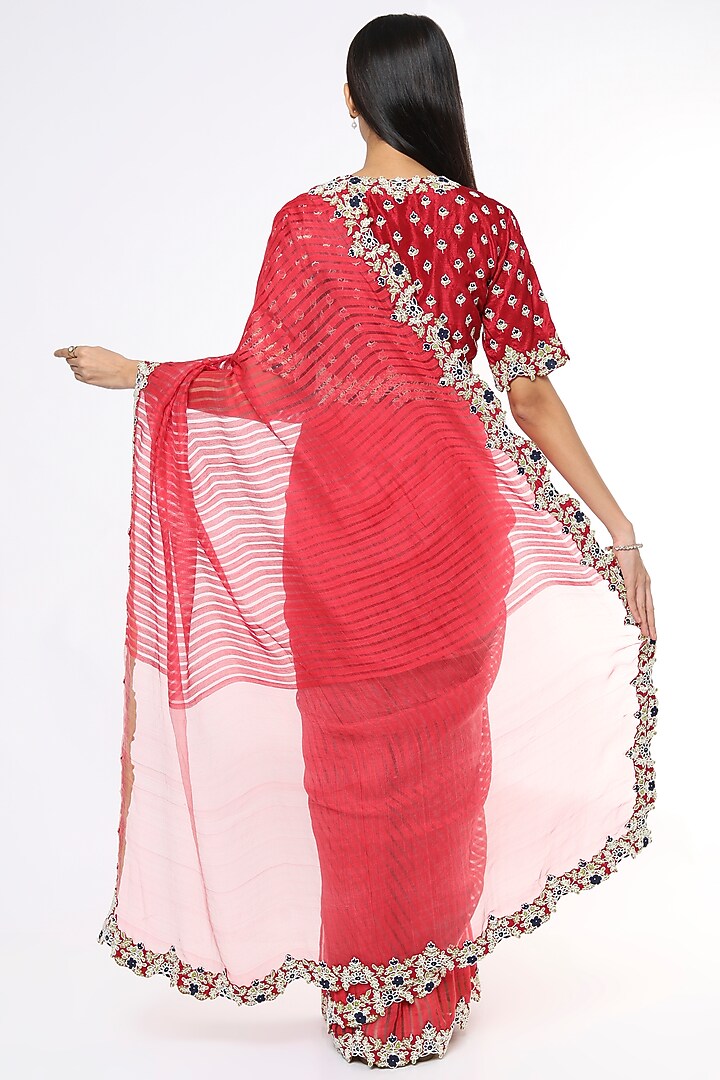 Red Hand Embroidered Wedding Saree Set by Soumodeep Dutta at Pernia's Pop Up Shop