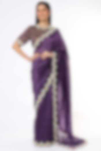 Deep Violet Hand Embroidered Saree Set by Soumodeep Dutta