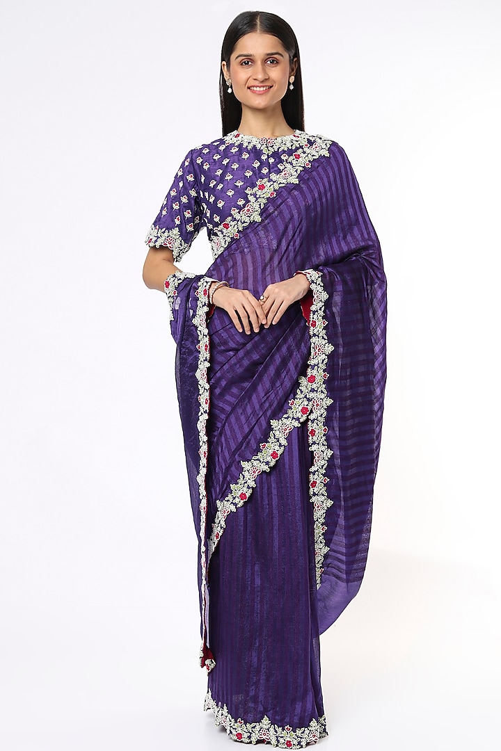 Violet Hand Embroidered Saree Set by Soumodeep Dutta