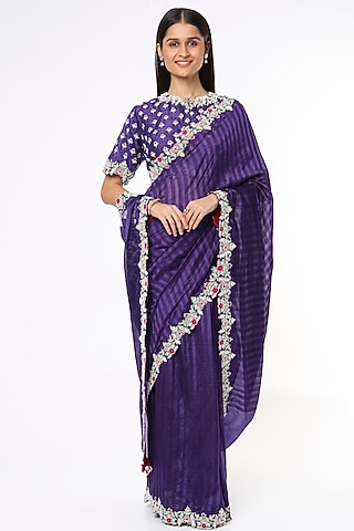 Violet Hand Embroidered Saree Set by Soumodeep Dutta