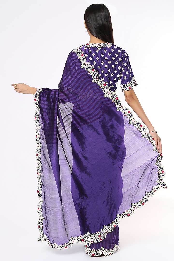 Violet Hand Embroidered Wedding Saree Set by Soumodeep Dutta at Pernia's Pop Up Shop