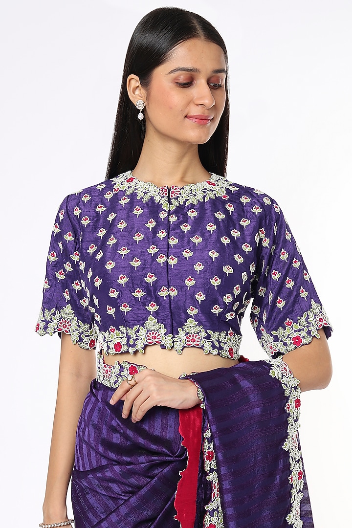 Violet Hand Embroidered Wedding Saree Set by Soumodeep Dutta at Pernia's Pop Up Shop