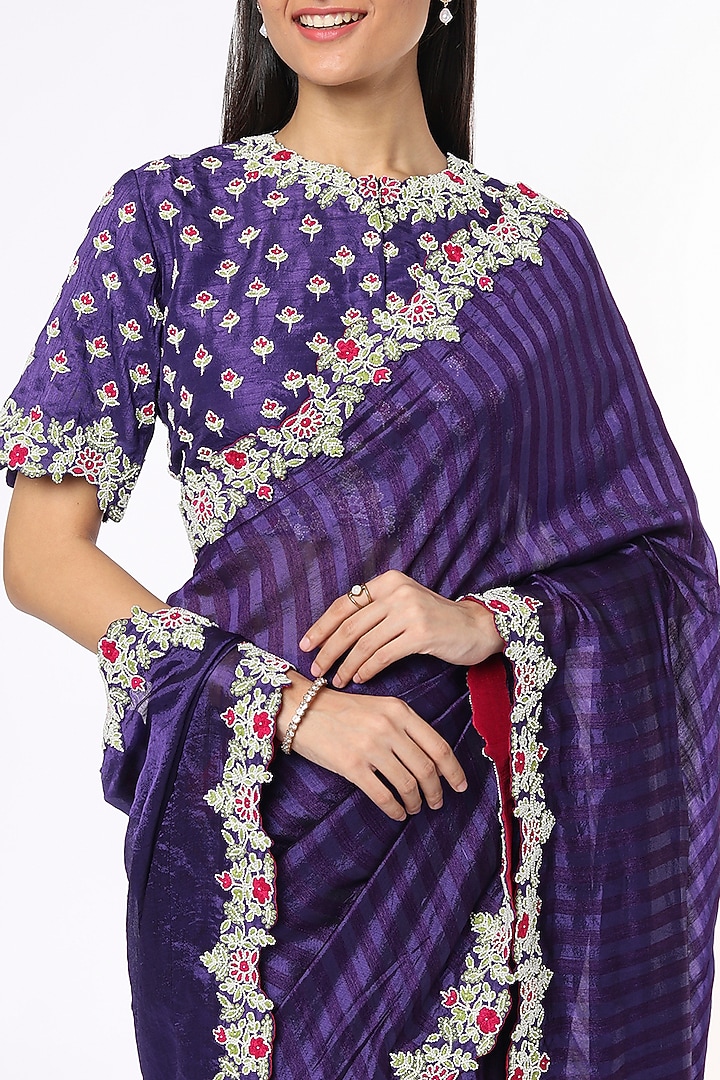Violet Hand Embroidered Wedding Saree Set by Soumodeep Dutta at Pernia's Pop Up Shop