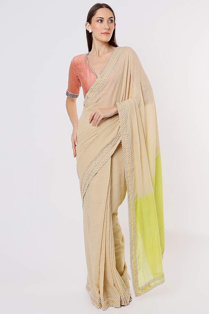 Beige & Light Green Linen Silk Handloom Saree by Soumodeep Dutta