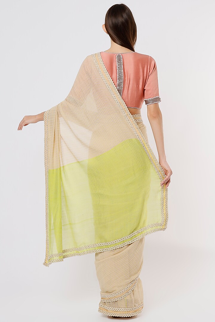 Beige & Light Green Linen Silk Handloom Festive Saree by Soumodeep Dutta at Pernia's Pop Up Shop