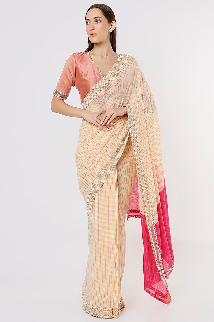Beige & Fuchsia Linen Silk Handloom Saree by Soumodeep Dutta