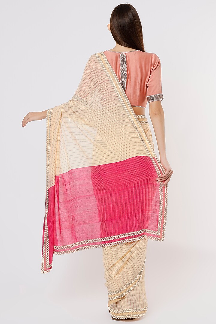 Beige & Fuchsia Linen Silk Handloom Festive Saree by Soumodeep Dutta at Pernia's Pop Up Shop