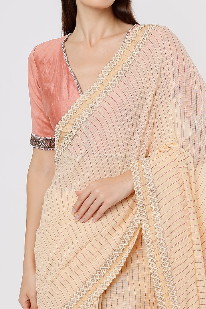 Beige & Fuchsia Linen Silk Handloom Festive Saree by Soumodeep Dutta at Pernia's Pop Up Shop