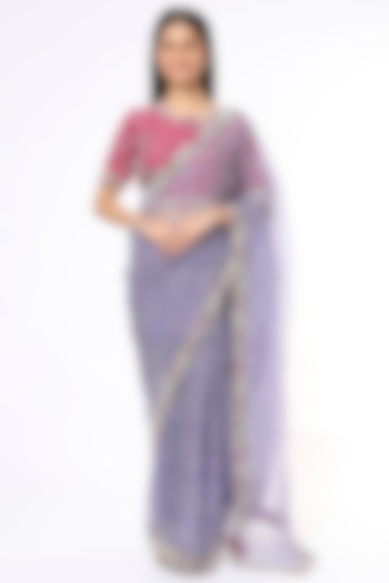 Violet Hand Block Printed Saree Set by Soumodeep Dutta