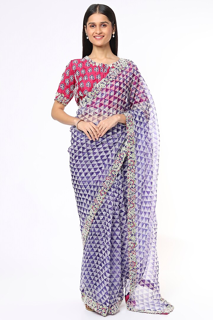 Violet Hand Block Printed Saree Set by Soumodeep Dutta