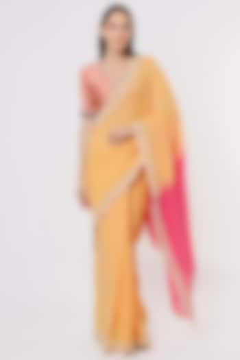 Yellow & Fuchsia Linen Silk Handloom Saree by Soumodeep Dutta