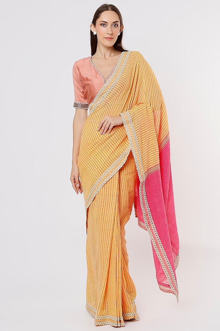 Yellow & Fuchsia Linen Silk Handloom Saree by Soumodeep Dutta