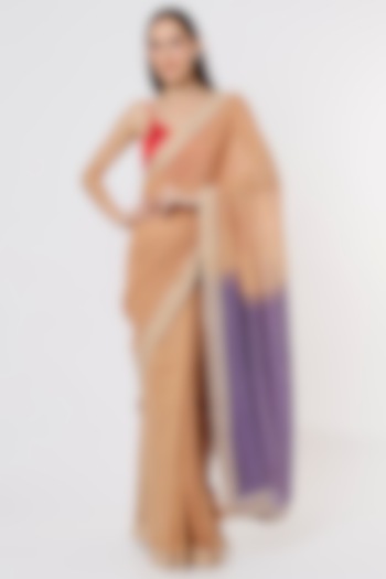Beige & Purple Linen Silk Handloom Saree by Soumodeep Dutta