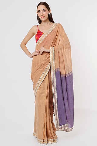 Beige & Purple Linen Silk Handloom Saree by Soumodeep Dutta