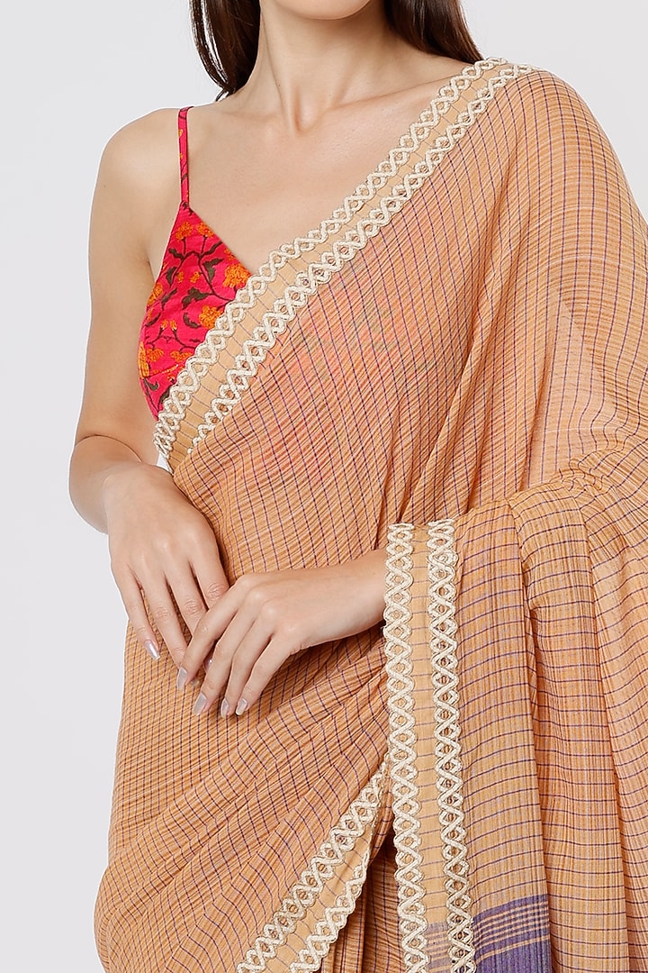 Beige & Purple Linen Silk Handloom Festive Saree by Soumodeep Dutta at Pernia's Pop Up Shop