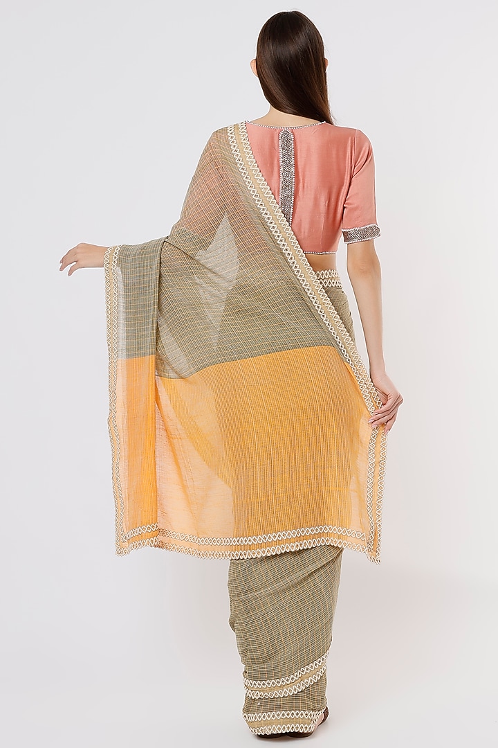 Olive & Mustard Linen Silk Handloom Festive Saree by Soumodeep Dutta at Pernia's Pop Up Shop