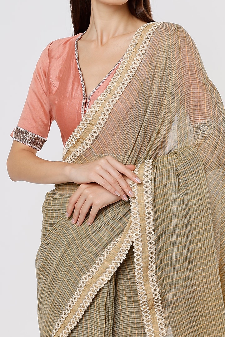 Olive & Mustard Linen Silk Handloom Festive Saree by Soumodeep Dutta at Pernia's Pop Up Shop