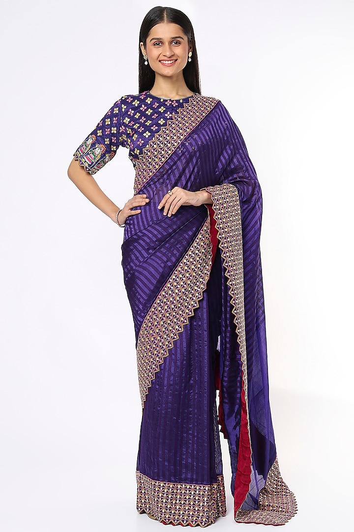 Violet Gota Hand Embroidered Saree Set by Soumodeep Dutta