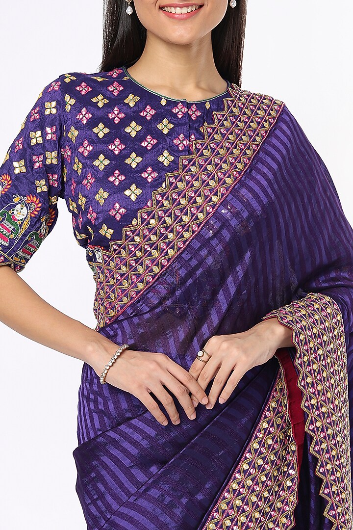 Violet Gota Hand Embroidered Wedding Saree Set by Soumodeep Dutta at Pernia's Pop Up Shop