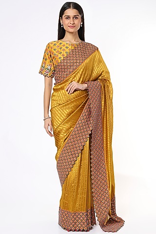 Mustard Hand Embroidered Saree Set by Soumodeep Dutta