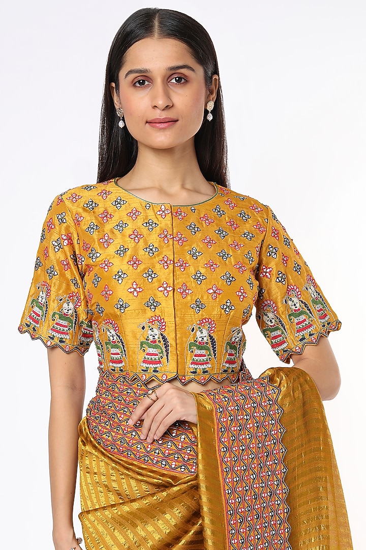 Mustard Hand Embroidered Wedding Saree Set by Soumodeep Dutta at Pernia's Pop Up Shop