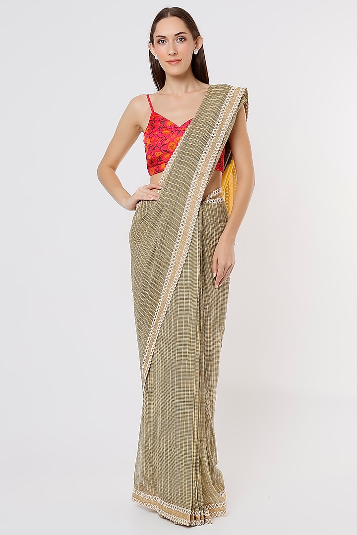 Olive & Yellow Linen Silk Handloom Saree by Soumodeep Dutta
