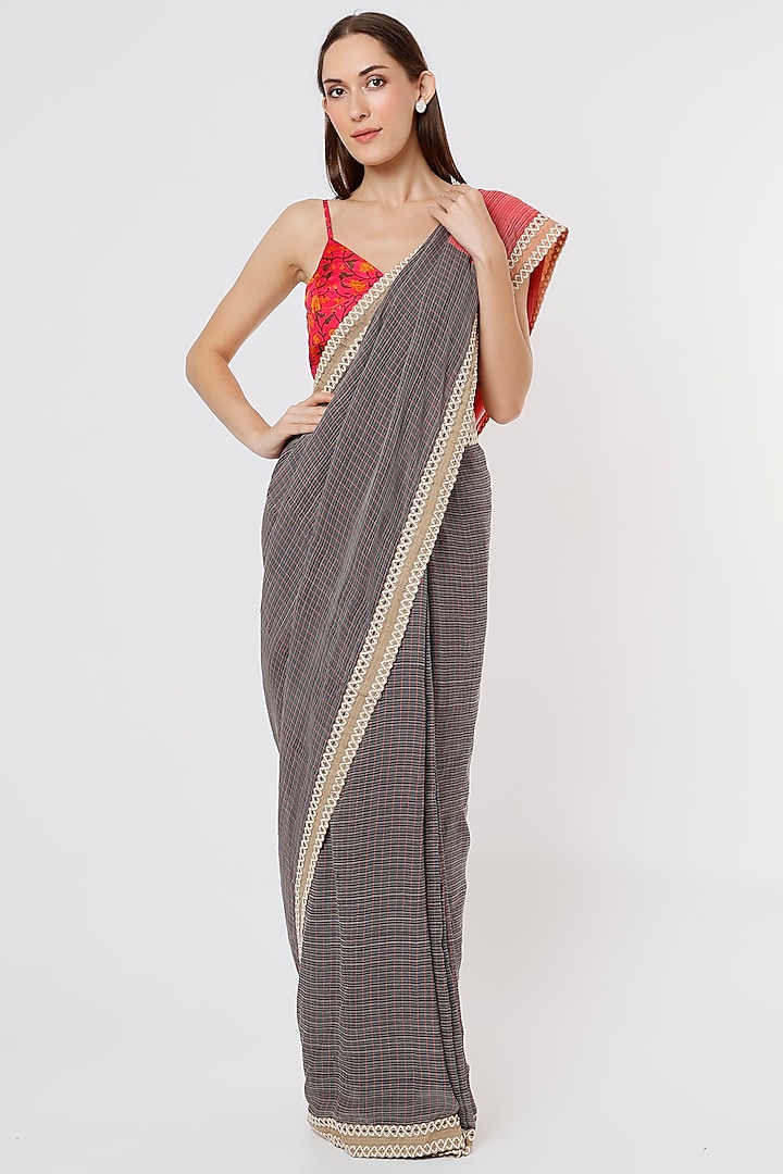 Black & Red Linen Silk Handloom Saree by Soumodeep Dutta
