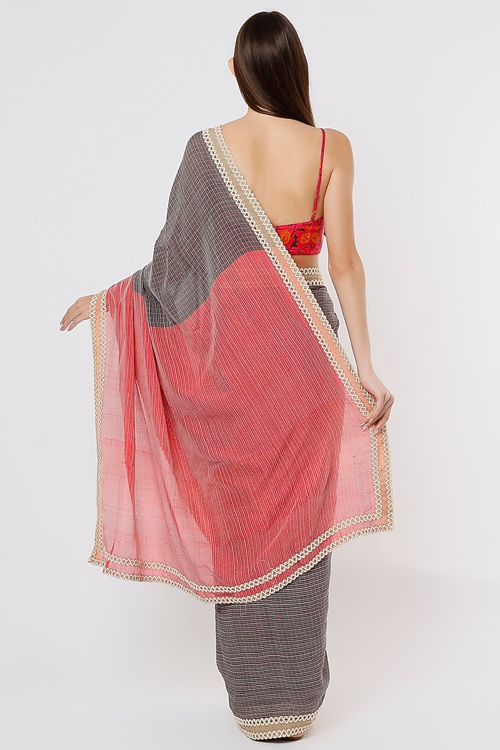 Black & Red Linen Silk Handloom Festive Saree by Soumodeep Dutta at Pernia's Pop Up Shop