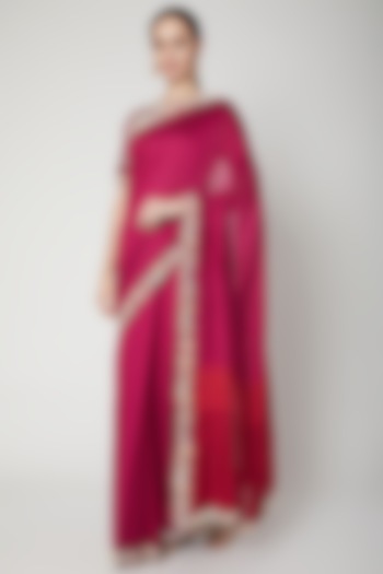 Fuchsia Silk Embroidered Handwoven Saree Set by Soumodeep Dutta