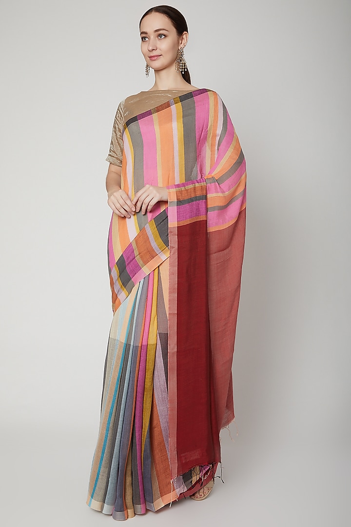 Multi Colored Striped Saree Set by Soumodeep Dutta at Pernia's Pop Up Shop