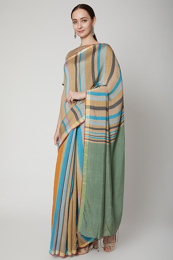 Multi Colored Striped Silk Saree Set by Soumodeep Dutta