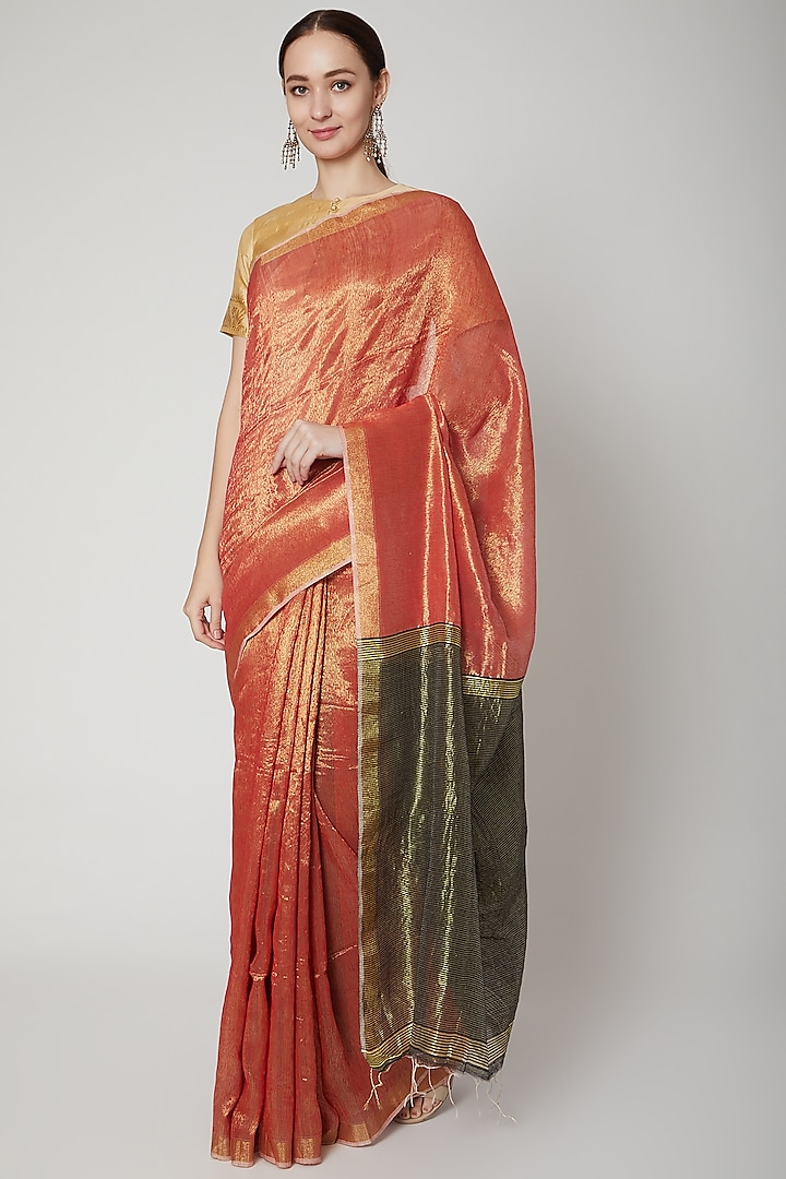 Red Handwoven Zari & Silk Saree Set by Soumodeep Dutta