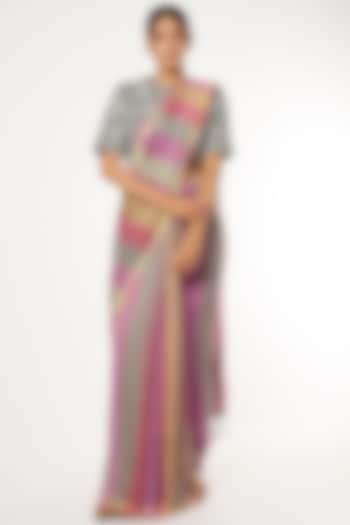 Pink & Grey Striped Saree With Attached Blouse by Soumodeep Dutta