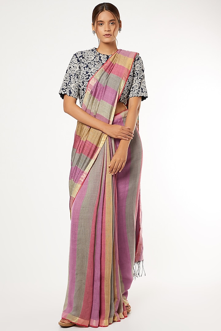 Pink & Grey Striped Saree With Attached Blouse by Soumodeep Dutta
