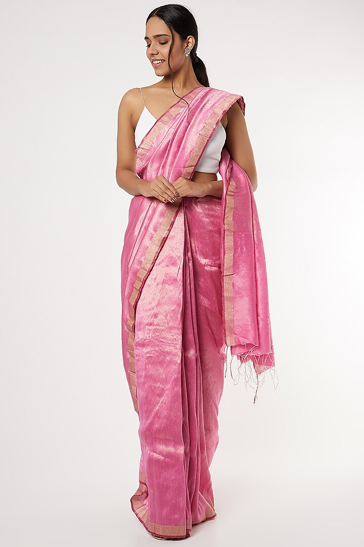 Pink Zari Handwoven Saree Set by Soumodeep Dutta