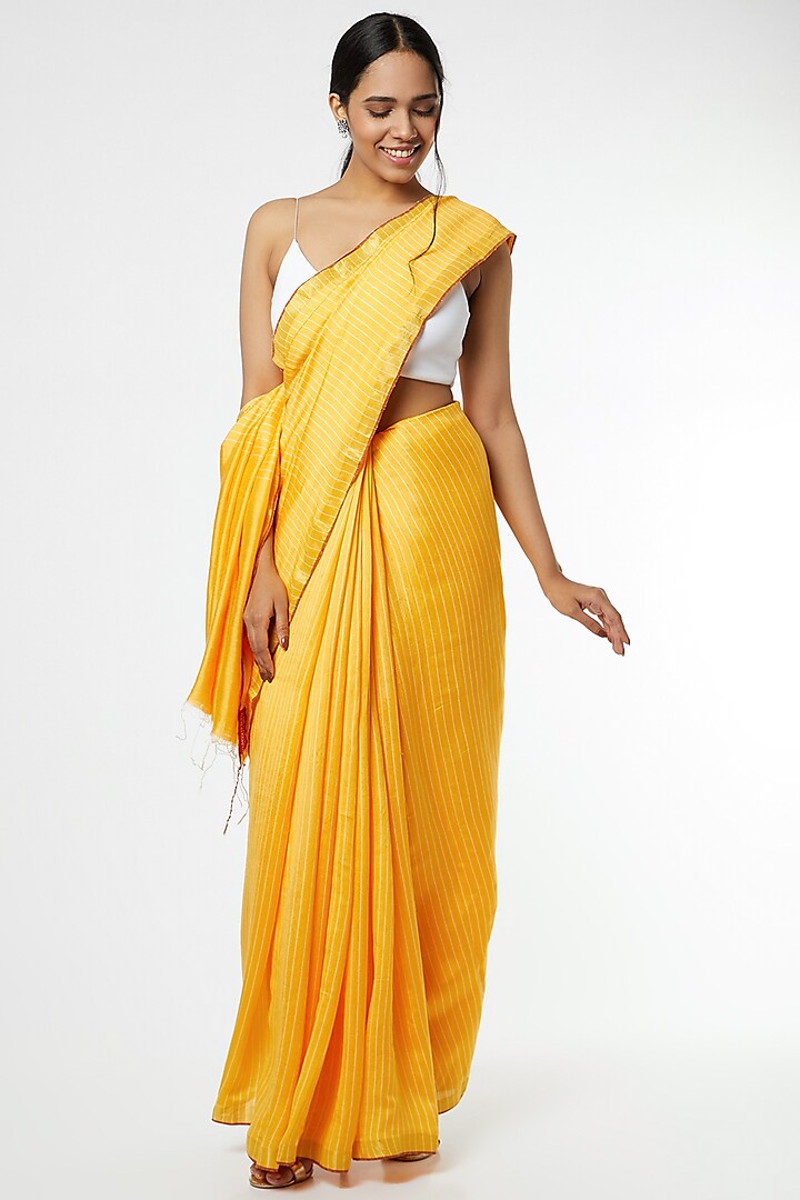 Yellow Handwoven Saree With Attached Blouse by Soumodeep Dutta