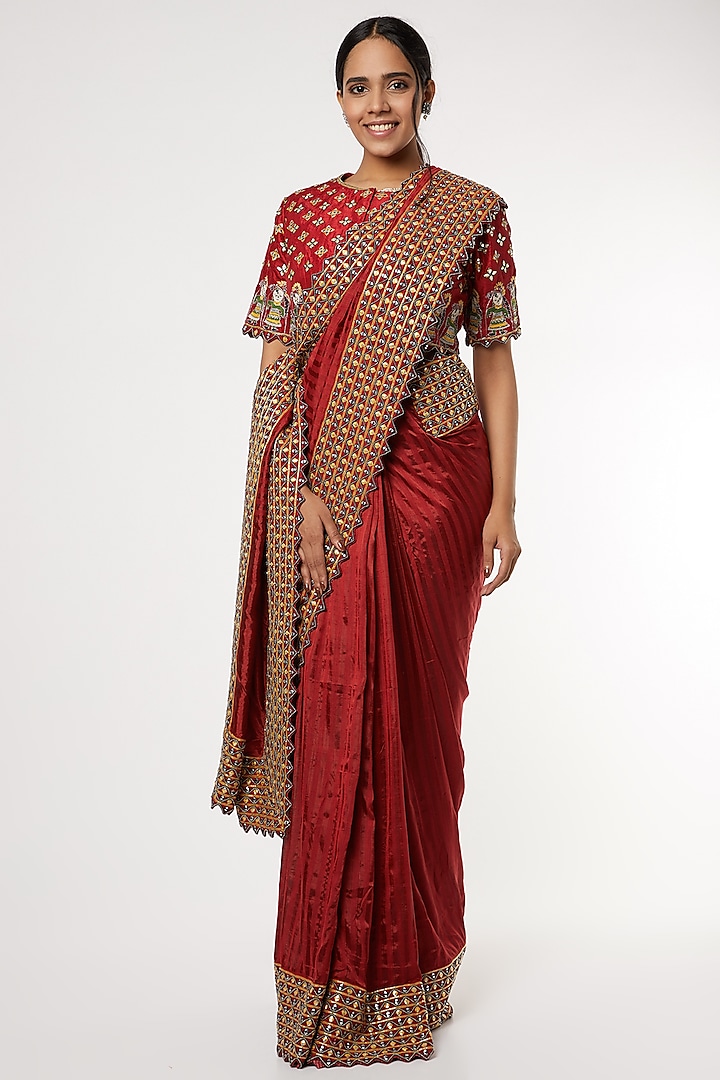 Red Silk Gota Embroidered Saree Set by Soumodeep Dutta