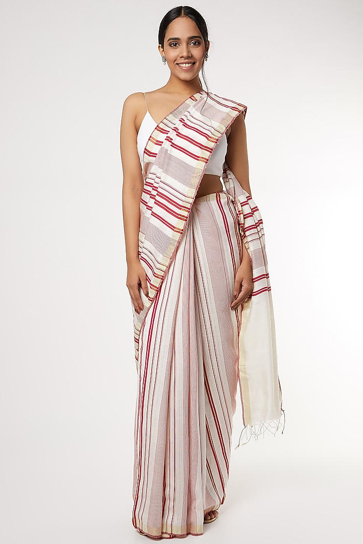 White & Red Handwoven Festive Saree Set by Soumodeep Dutta at Pernia's Pop Up Shop