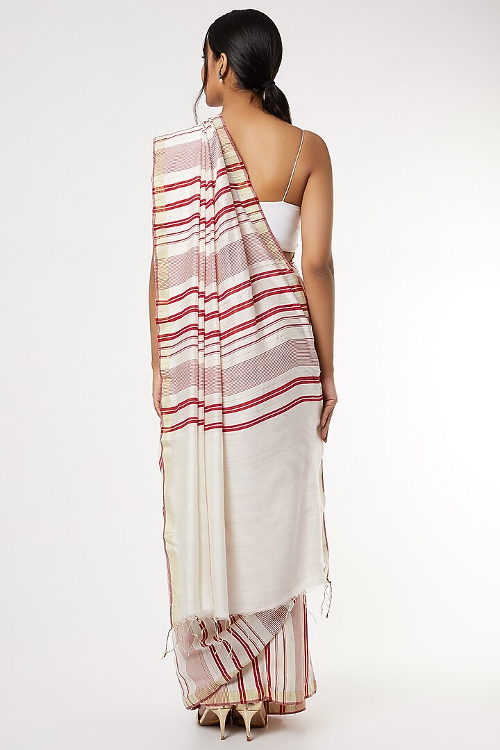 White & Red Handwoven Festive Saree Set by Soumodeep Dutta at Pernia's Pop Up Shop