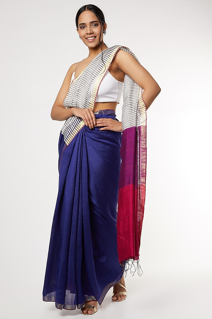 Royal Blue Handwoven Saree With Attached Blouse by Soumodeep Dutta