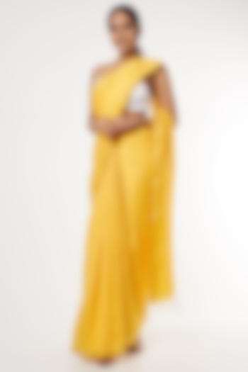 Yellow Handwoven Striped Saree With Attached Blouse by Soumodeep Dutta