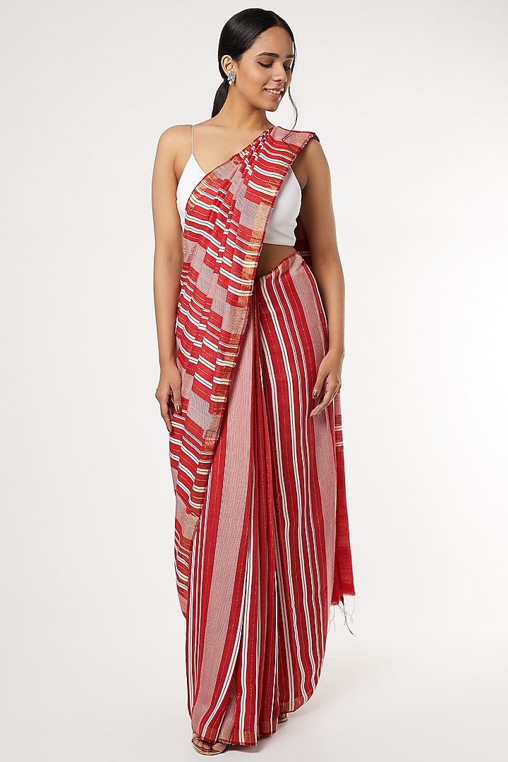 Red Handwoven Striped Saree Set by Soumodeep Dutta