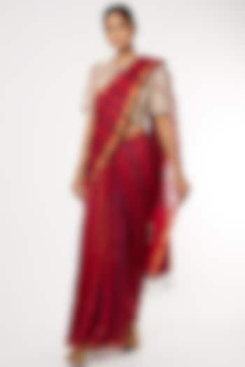 Red & Blue Handwoven Saree With Attached Blouse by Soumodeep Dutta