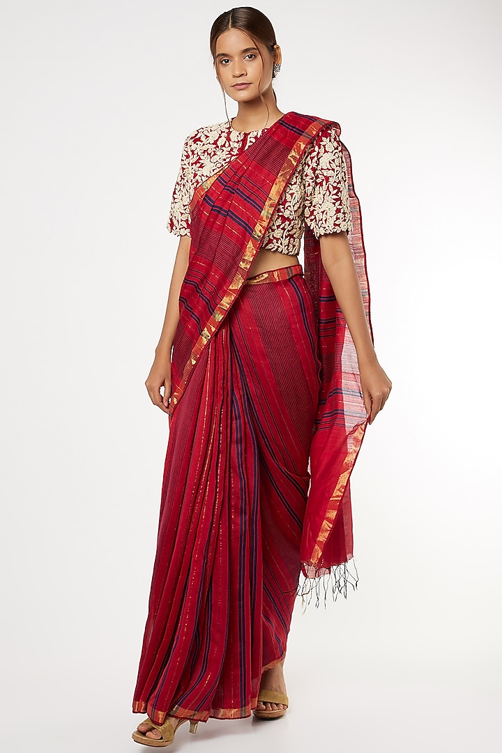 Red & Blue Handwoven Saree With Attached Blouse by Soumodeep Dutta